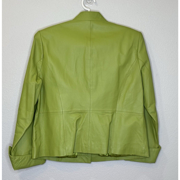 Terry Lewis Womens Leather Jacket Size Medium Green Button Front Roll Cuff Lined - Picture 6 of 8